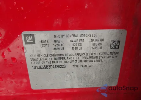 2013 Chevrolet Sonic Ltz Auto from USA, damaged, VIN 1G1JE5SB3D4186223